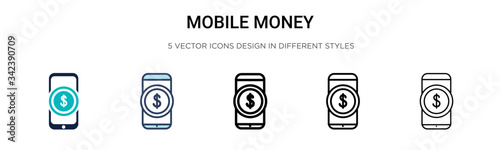 Mobile money icon in filled, thin line, outline and stroke style. Vector illustration of two colored and black mobile money vector icons designs can be used for mobile, ui, web