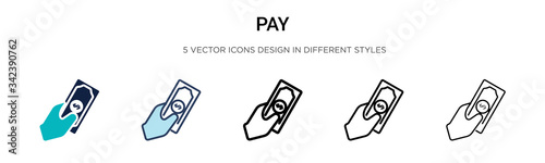 Pay icon in filled, thin line, outline and stroke style. Vector illustration of two colored and black pay vector icons designs can be used for mobile, ui, web