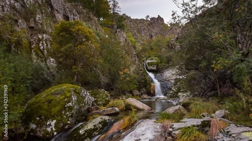 Waterfall in the Hell's Well trail trek, Serra da Estrela Natural ParK, Portugal - Timelapse photo