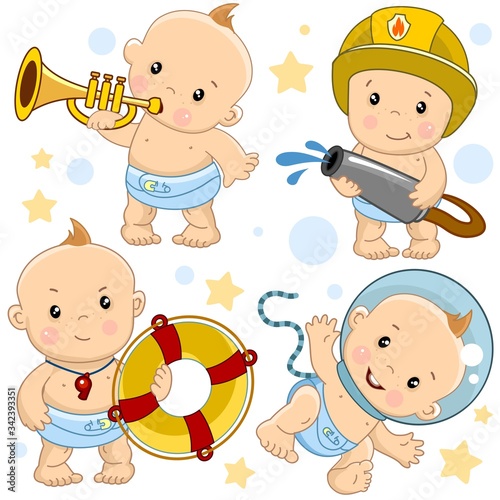 Set of images of little children boys and baby for design, kids and their profession, fireman, astronaut, lifeguard on the water with a lifebuoy and musician playing the trumpet.