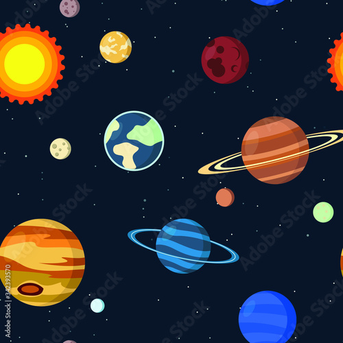 solar system vector kids cartoon planet seamless pattern. Rocket, UFO, planets Illustration, great for wallpaper, textile and texture design. Kids design, fabric, wrapping, apparel.