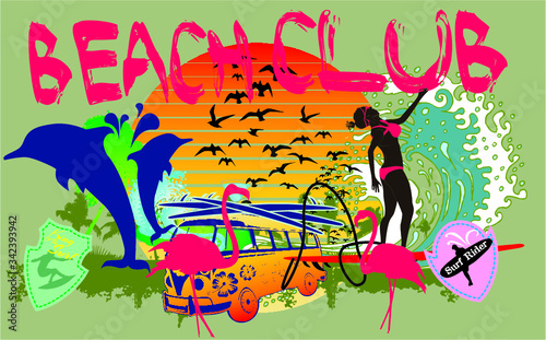 surfer woman palm beach graphic design vector art