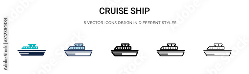 Cruise ship icon in filled, thin line, outline and stroke style. Vector illustration of two colored and black cruise ship vector icons designs can be used for mobile, ui, web