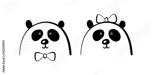 Vector Hand drawn two pandas, a boy and a girl with a bow. Sketch line design. Kids t shirt print.
