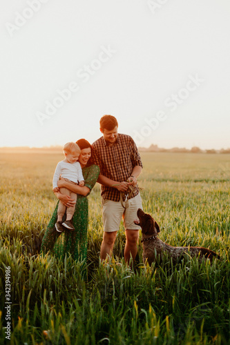 Happy family father and mother and child son whith dog walking on nature at sunset