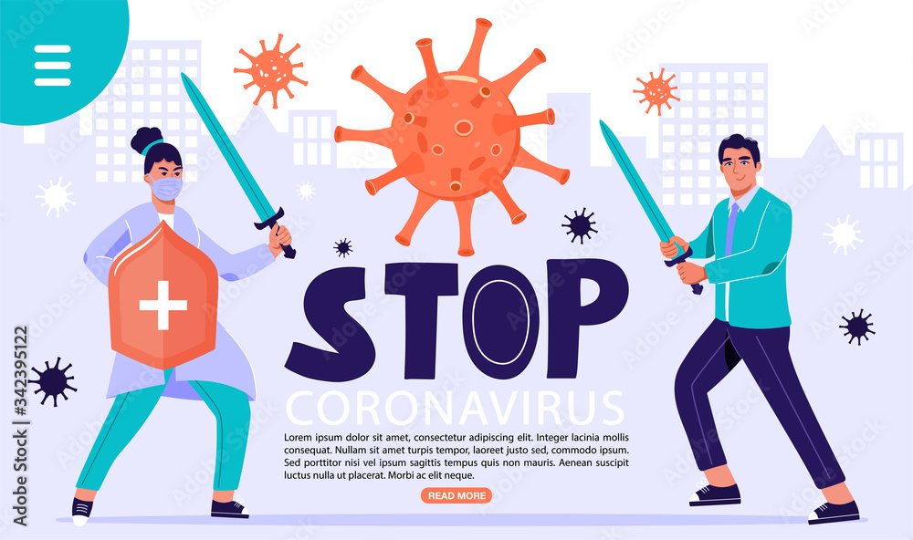 Doctors holding shield and sword protect from 2019-nCoV Coronavirus. Medical professionals fighting with coronavirus pandemic. Stop COVID-19. Vector web page banner illustration. Doctors holding shield and sword protect from 2019-nCoV Coronavirus. Medical professionals fighting with coronavirus pandemic. Stop COVID-19. Vector web page banner illustration.