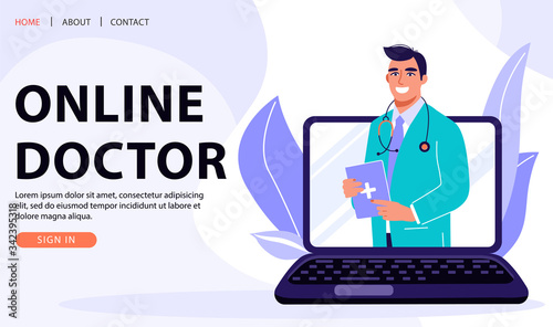 Online Medicine Concept. Medical consultation, telemedicine, diagnosis concept. Professional doctor on laptop computer screen. Healthcare vector web page banner illustration.