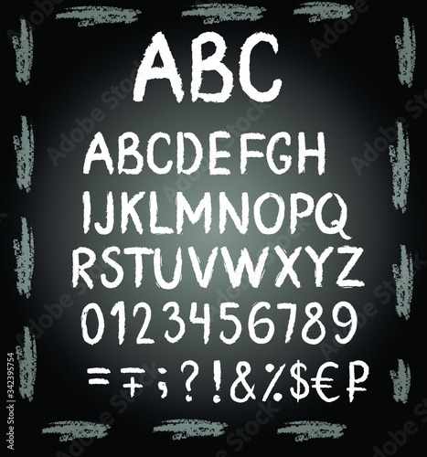 English, latin abc, alphabet chalk vector isolated on black background. Concept for menu, cards, invitation