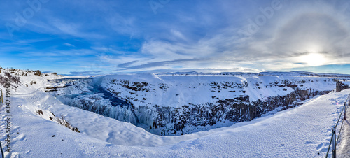 Panorama of 5 shots of Gullfoss waterfall in Iceland  in winter