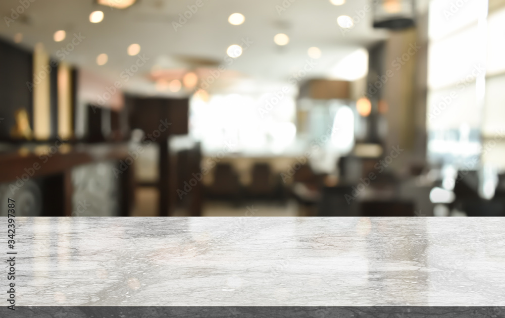 3D rendering, Empty Marble table top with light bokeh on blurred restaurant background