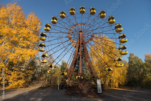 Ferris wheel in abandoned amusement park in ghost town Pripyat