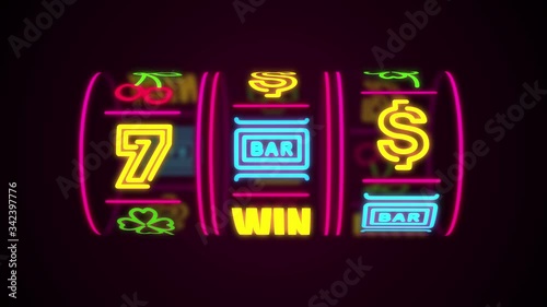 neon casino slot machine spinning, money flying after win combination