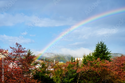 A rainbow in the blue sky after raining. 