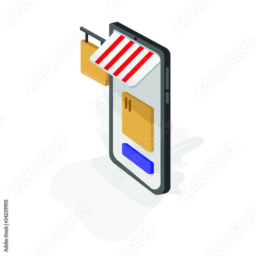 Online shopping concept banner with shipping box. Can use for web banner, infographics, hero images. Flat isometric vector illustration isolated on white background.