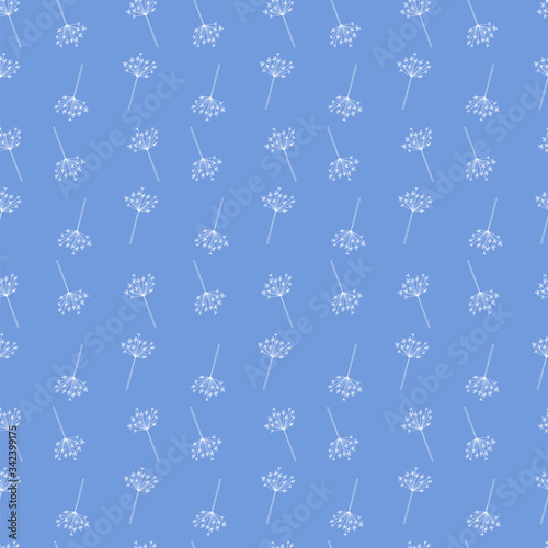 Seamless pattern of small seed head flowers on a bright blue background.