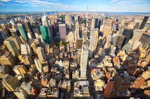 New York City skyline aerial view with skyscrapers of Midtown Manhattan
