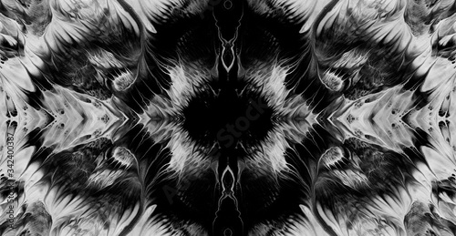 Abstract liquid black white colors paint blots background. Esoteric luid art, magic occultism, acrylic texture photo