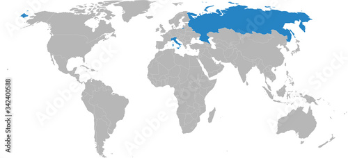 Italy, russia highlighted on world map. Light gray background. Business concepts, diplomatic, travel, trade and transport relations.