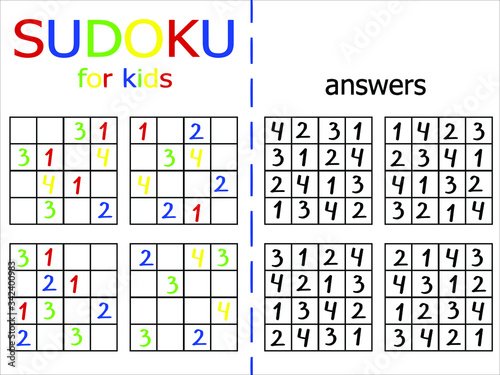 Children sudoku stock vector illustration. Educational puzzle with number. Logical visual puzzle. Sudoku four by four for thinking. Numberal crossword graphic task with answer. Brain activity for kid 