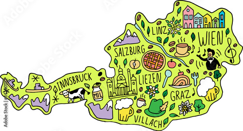 Colored Funny hand drawn doodle map of Austria. names of main cities, main attractions and landmarks, and geographical names on the map.