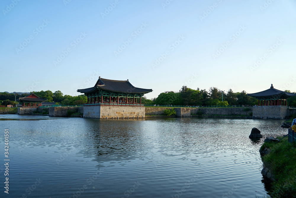 Anapji Pond in Gyeongju-si, South Korea. Pond and Architecture of the Silla Period.
