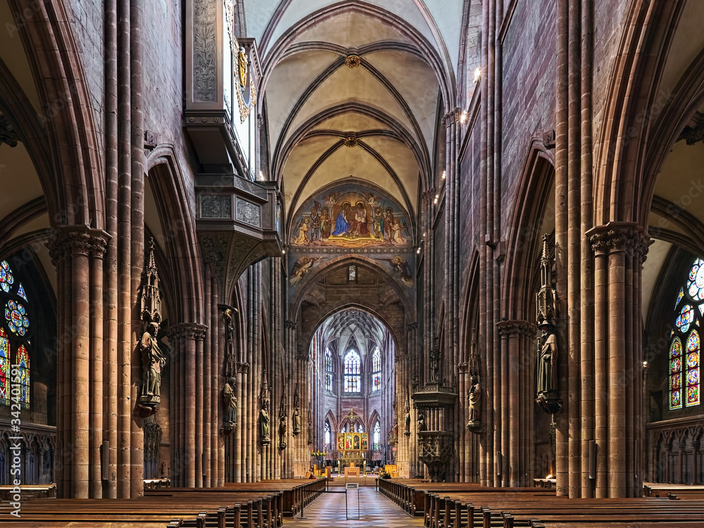 Freiburg im Breisgau, Germany. Interior of Freiburg Minster. The cathedral was founded around 1200 and completed in 1330. It has remained largely intact in World War II.