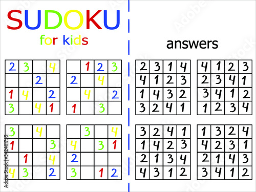Simple sudoku puzzles set. Four by four easy logic game on white stock vector illustartion. Count from one for four logical number game for kids. One of a series.