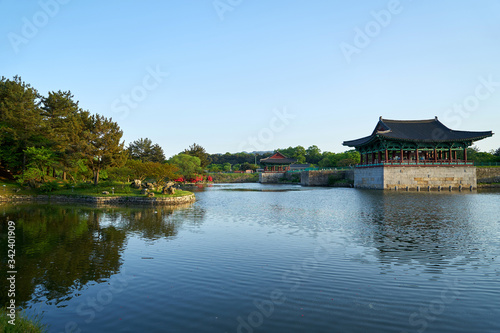 Anapji Pond in Gyeongju-si, South Korea. Pond and Architecture of the Silla Period. 