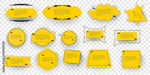 Quote remark frames.templates. Info tag, quote textbox blog remarks. Quotation frame, quotes and mention quotations remarks. Isolated symbols. Quote box frame set.Vector box icon. Texting quote boxes