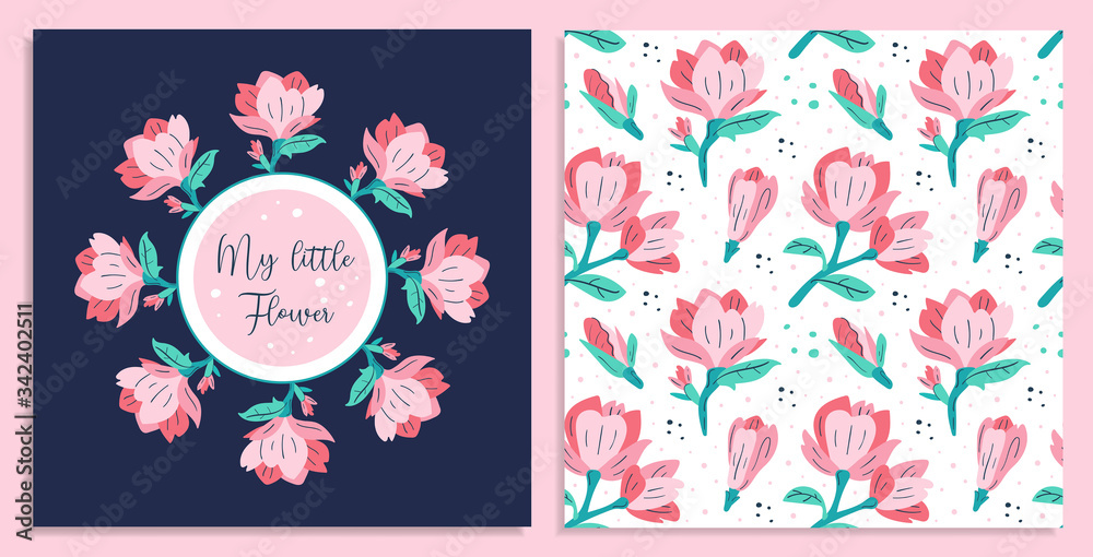 My little flower. Little pink magnolia flowers postcards. Flora design elements. Wild life, blooming flowers, botanic. Flat colourful vector illustration icon sticker isolated on pink background.