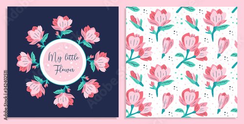 My little flower. Little pink magnolia flowers postcards. Flora design elements. Wild life, blooming flowers, botanic. Flat colourful vector illustration icon sticker isolated on pink background.