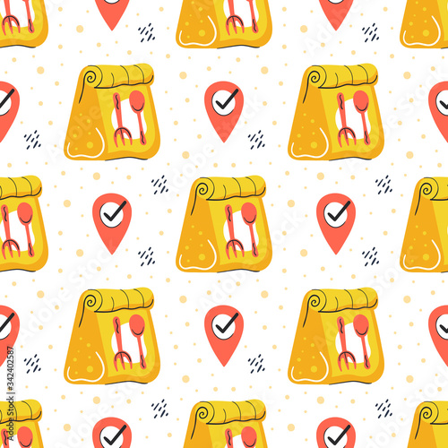 Safe delivery. Fast service. Geolocation, gps. Cute flat hand drawn cartoon vector seamless pattern, texture, wallpaper. Pandemic self isolation, health care, protection. 
