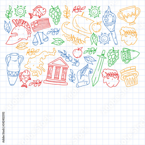Greece. Vector pattern with traditional symbols of greek culture for web, internet, banners, posters. Ancient history, temples, arts. Parthenon.