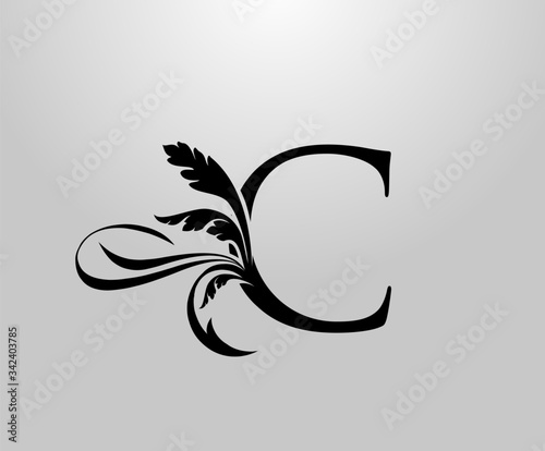 Classic Elegant letter C Floral logo. Vintage drawn Letter Stamp emblem for book design, weeding card, brand name, business card, Restaurant, Boutique, Hotel. 