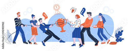 Business teams pulling rope, tug of war as business competition metaphor. Team Building and corporate unity. Rivalry and challenge concept. Cartoon vector illustration isolated.