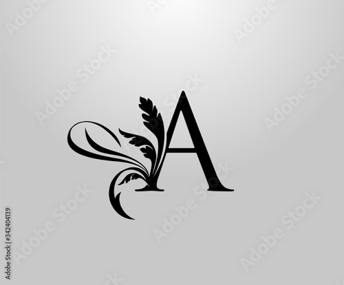 Classic Elegant letter A Floral logo. Vintage drawn Letter Stamp emblem for book design, weeding card, brand name, business card, Restaurant, Boutique, Hotel. 