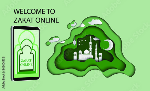 Welcome To Online Zakat payment concept, Islamic vector. Zakat online is to make easy for muslim to pay via mobile .