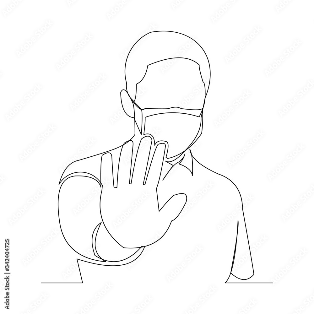 Continuous line drawing of man wearing surgical mask and stop gesture with hand to protect disease, flu, air pollution, pandemic, virus. Vector illustration. Continuous line drawing of man wearing surgical mask and stop gesture with hand to protect disease, flu, air pollution, pandemic, virus. Vector illustration.