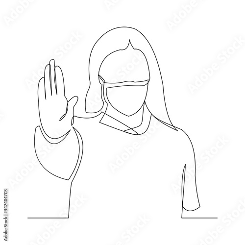 Continuous line drawing of women wearing surgical mask and stop gesture with hand to protect disease, flu, air pollution, pandemic, virus. Vector illustration.