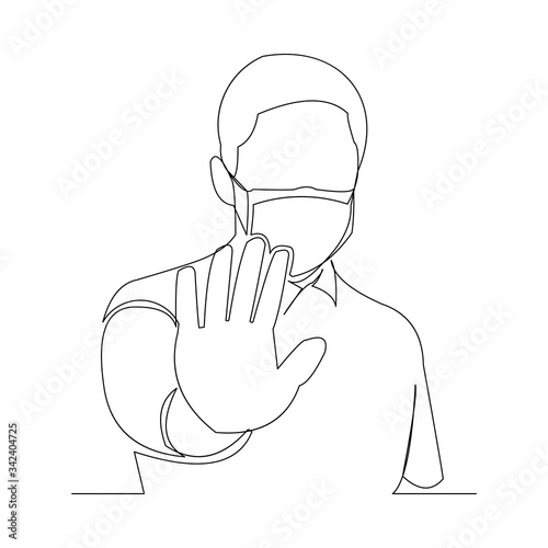 Continuous line drawing of man wearing surgical mask and stop gesture with hand to protect disease, flu, air pollution, pandemic, virus. Vector illustration.