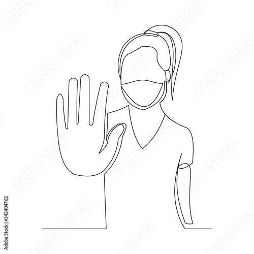Continuous line drawing of women wearing surgical mask and stop gesture with hand to protect disease, flu, air pollution, pandemic, virus. Vector illustration.