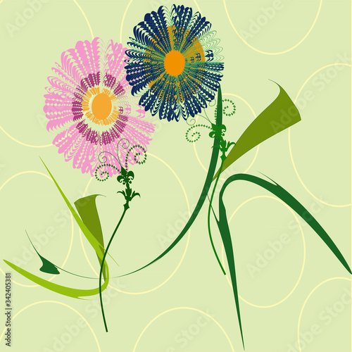 Abstract flowers. Pink and blue daisies flowers on a light green background