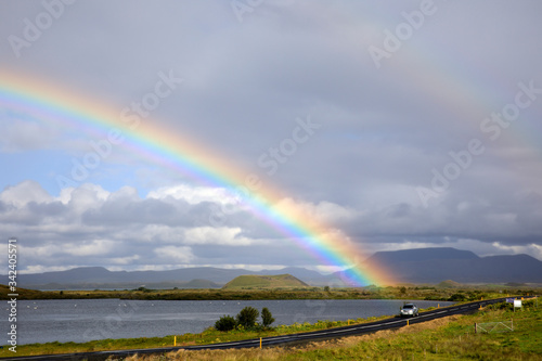 Myvatn / Iceland - August 30, 2017: A spectacular rainbow at lake Myvatn, Iceland, Europe