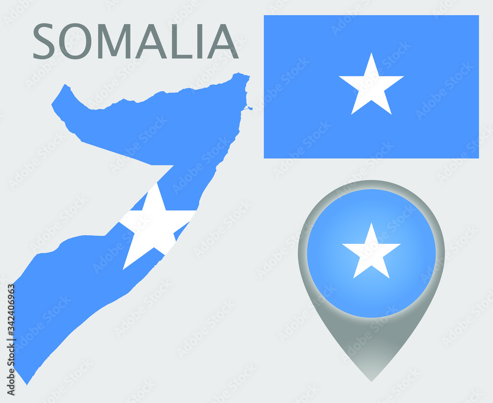 Colorful flag, map pointer and map of Somalia in the colors of the Somalian flag. High detail. Vector illustration Colorful flag, map pointer and map of Somalia in the colors of the Somalian flag. High detail. Vector illustration