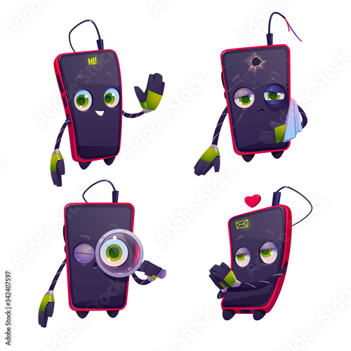 Cartoon mobile phone character set. Cute smartphone in different poses. Chat bot, funny cellphone mascot greeting, sad with broken glass and arm, seo technology, love dating online Vector illustration