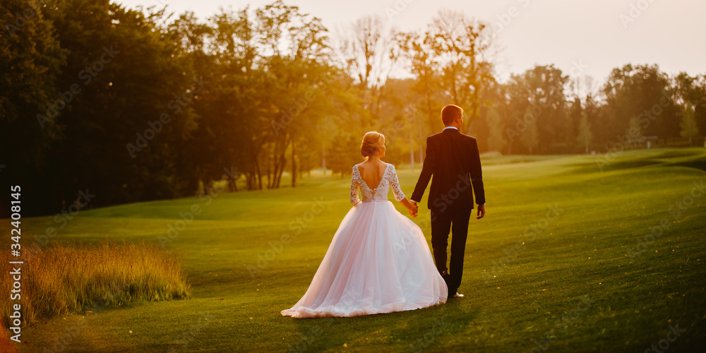 romantic young couple walks outdoors on a wedding day romantic young couple walks outdoors on a wedding day