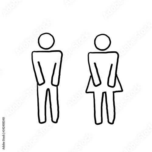 hand drawn Girls and boys restroom pictograms. doodle toilet couple signing, woman man wc icons, fun bathroom door signs. isolated