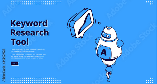 Keyword research tool banner with isometric chart on blue background. Vector landing page of SEO optimization service with line art graph of data analysis and robot, artificial intelligence chatbot