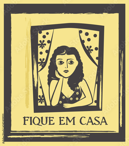 Stay Home in Portuguese language. Woman at window vector. Brazilian rustic woodcut style illustration.