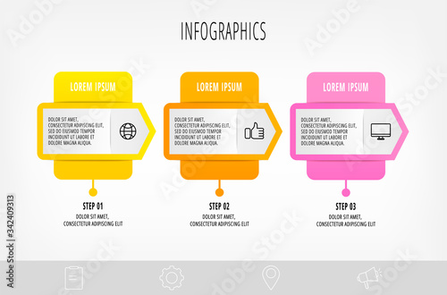 Infographics with 3 elements with arrows. Vector concept of three business options to choose from. Modern design for flowchart, timeline, web, graph, presentation